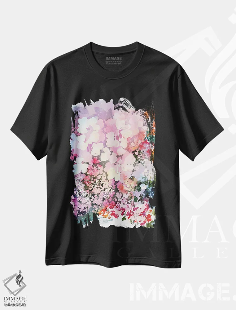 تیشرت مشکی طرح دار باغ غروب صورتی، دکور معاصر اثر کریتیو اینگرید | فروشگاه ایماژ