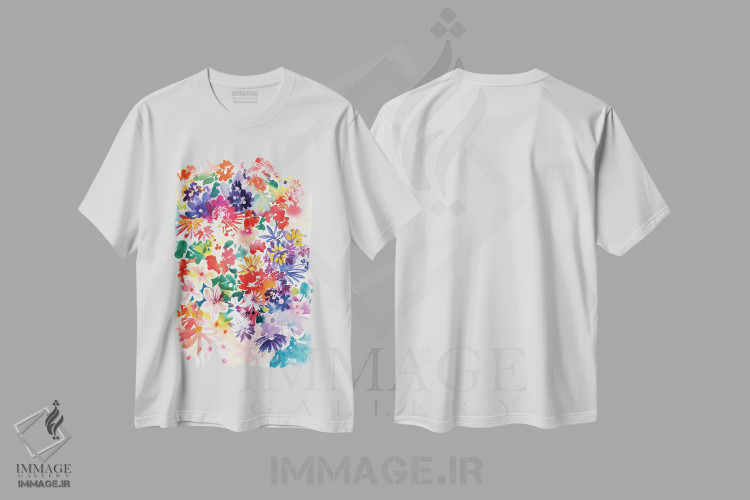 تیشرت سفید طرح دار باغ شکوفا، دکور معاصر اثر کریتیو اینگرید | فروشگاه ایماژ