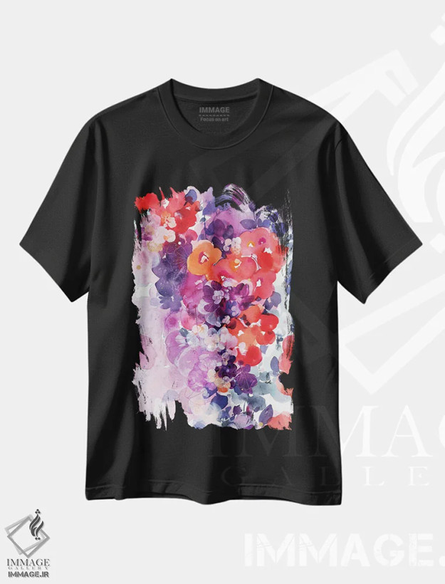 تیشرت مشکی طرح دار شکوفه نارنجی، آبستره اثر کریتیو اینگرید | فروشگاه ایماژ