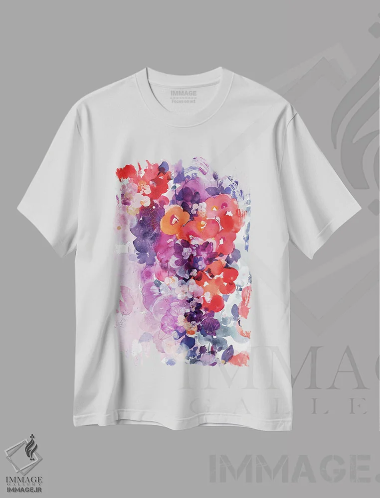 تیشرت سفید طرح دار شکوفه نارنجی، آبستره اثر کریتیو اینگرید | immage.ir