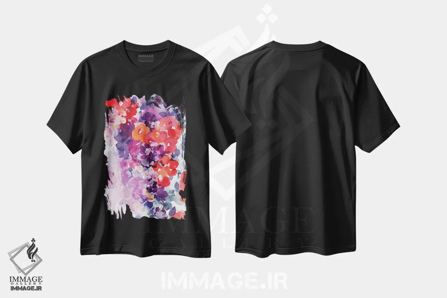 تیشرت مشکی طرح دار شکوفه نارنجی، آبستره اثر کریتیو اینگرید | فروشگاه ایماژ