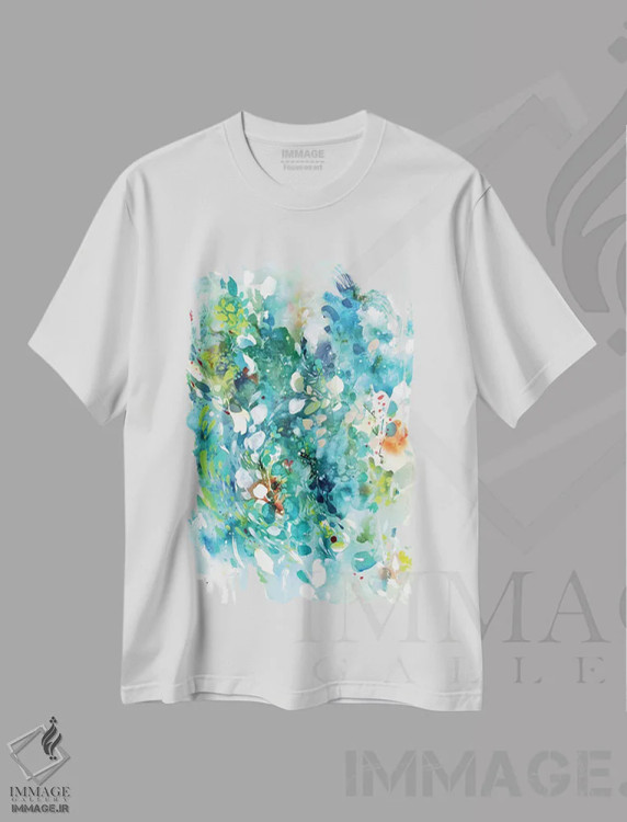 تیشرت سفید طرح دار رقص فیروزه ای، آبستره اثر کریتیو اینگرید | فروشگاه ایماژ