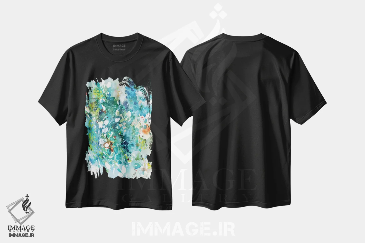 تیشرت مشکی طرح دار رقص فیروزه ای، آبستره اثر کریتیو اینگرید | immage.ir