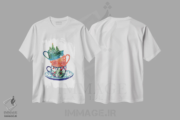 تیشرت سفید طرح دار فنجان های روی هم چیده کریسمس، دکور معاصر اثر کریتیو اینگرید | فروشگاه ایماژ