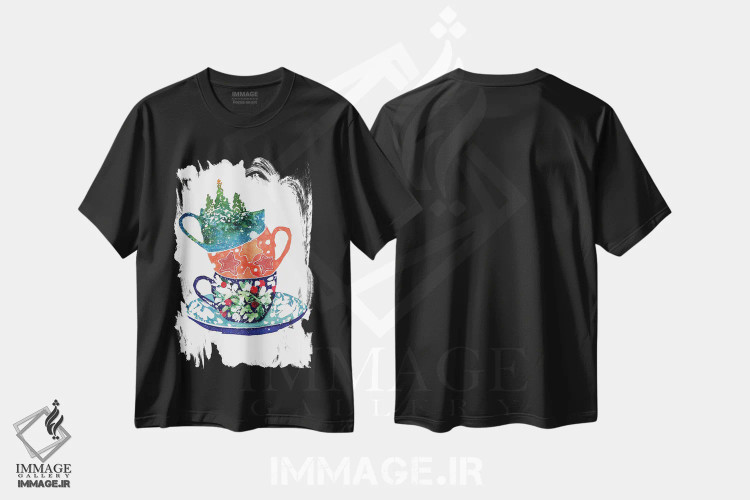 تیشرت مشکی طرح دار فنجان های روی هم چیده کریسمس، دکور معاصر اثر کریتیو اینگرید | immage.ir