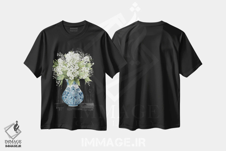 تیشرت مشکی طرح دار ظرافت هورتانسیا، دکور معاصر اثر سیندی جیکوبز | فروشگاه ایماژ