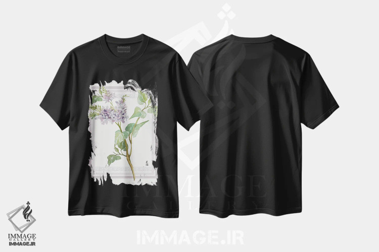 تیشرت مشکی طرح دار گل های یاس بنفش V، دکور معاصر اثر سیندی جیکوبز | فروشگاه ایماژ
