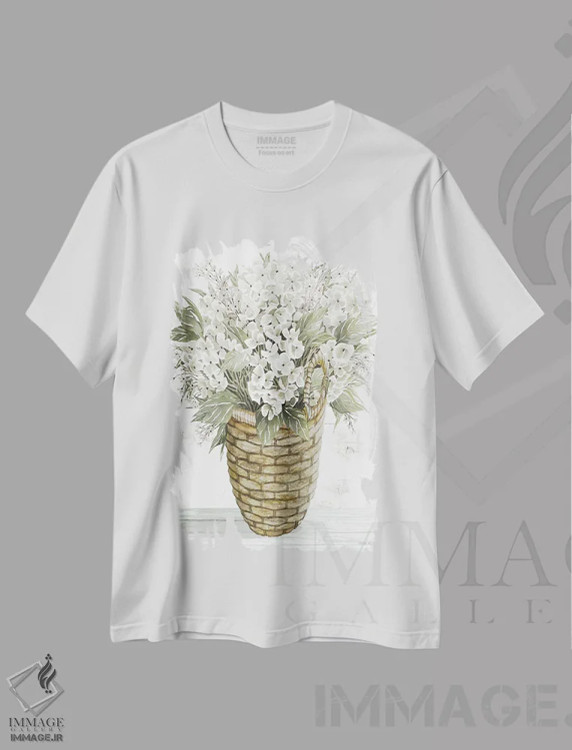 تیشرت سفید طرح دار سبد هورتانسیا، دکور روستایی اثر سیندی جیکوبز | فروشگاه ایماژ