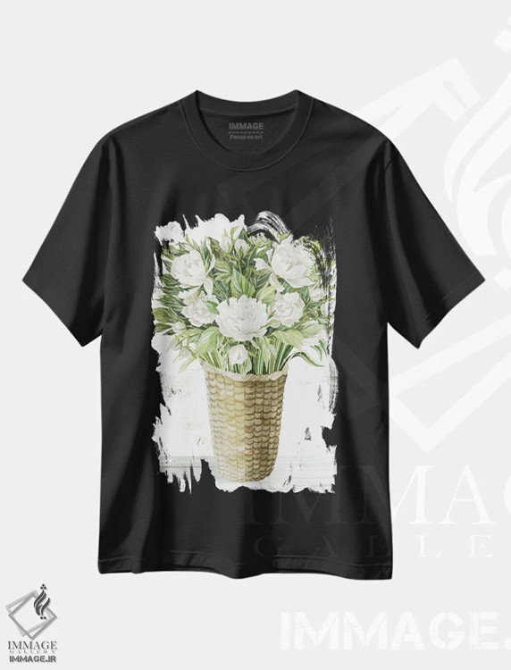 تیشرت مشکی طرح دار سبد گل پئونی، دکور روستایی اثر سیندی جیکوبز | فروشگاه ایماژ