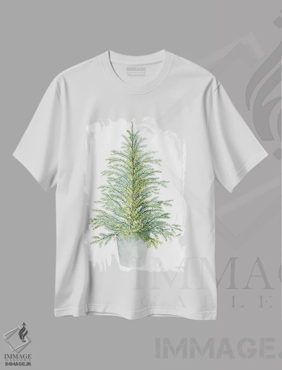 تیشرت سفید طرح دار درخت صنوبر در گلدان، تزئینی اثر سیندی جیکوبز | فروشگاه ایماژ