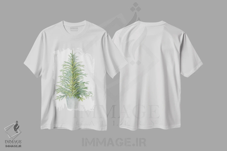 تیشرت سفید طرح دار درخت صنوبر در گلدان، تزئینی اثر سیندی جیکوبز | فروشگاه ایماژ