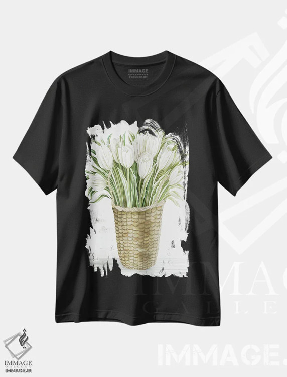 تیشرت مشکی طرح دار سبد گل لاله، تزئینی اثر سیندی جیکوبز | فروشگاه ایماژ