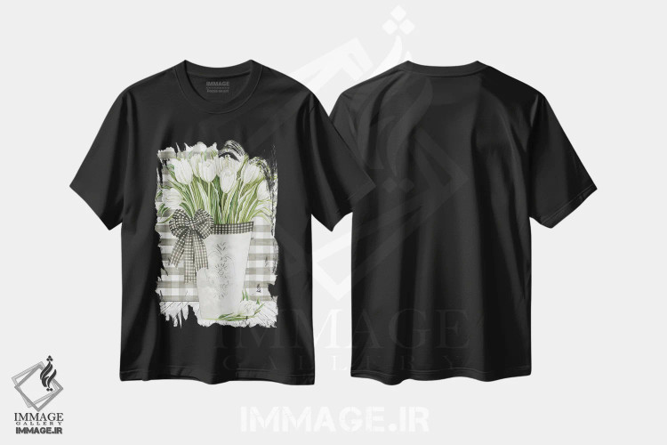 تیشرت مشکی طرح دار لاله های خانه روستایی، دکور روستایی اثر سیندی جیکوبز | فروشگاه ایماژ