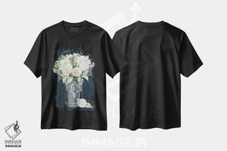 تیشرت مشکی طرح دار پئونی های کامل، تزئینی اثر سیندی جیکوبز | فروشگاه ایماژ