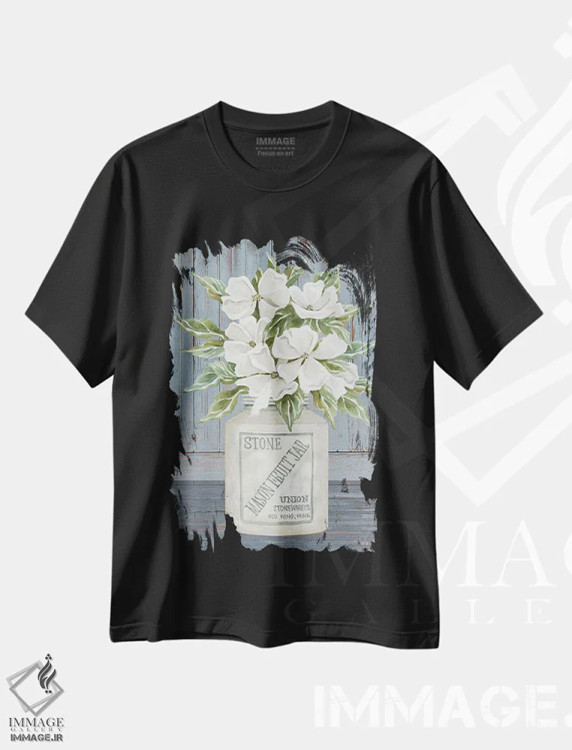 تیشرت مشکی طرح دار شیشه میوه ماسون گلدار، دکور روستایی اثر سیندی جیکوبز | فروشگاه ایماژ