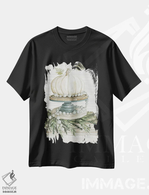 تیشرت مشکی طرح دار کدو سفید روی نمایش، دکور روستایی اثر سیندی جیکوبز | فروشگاه ایماژ