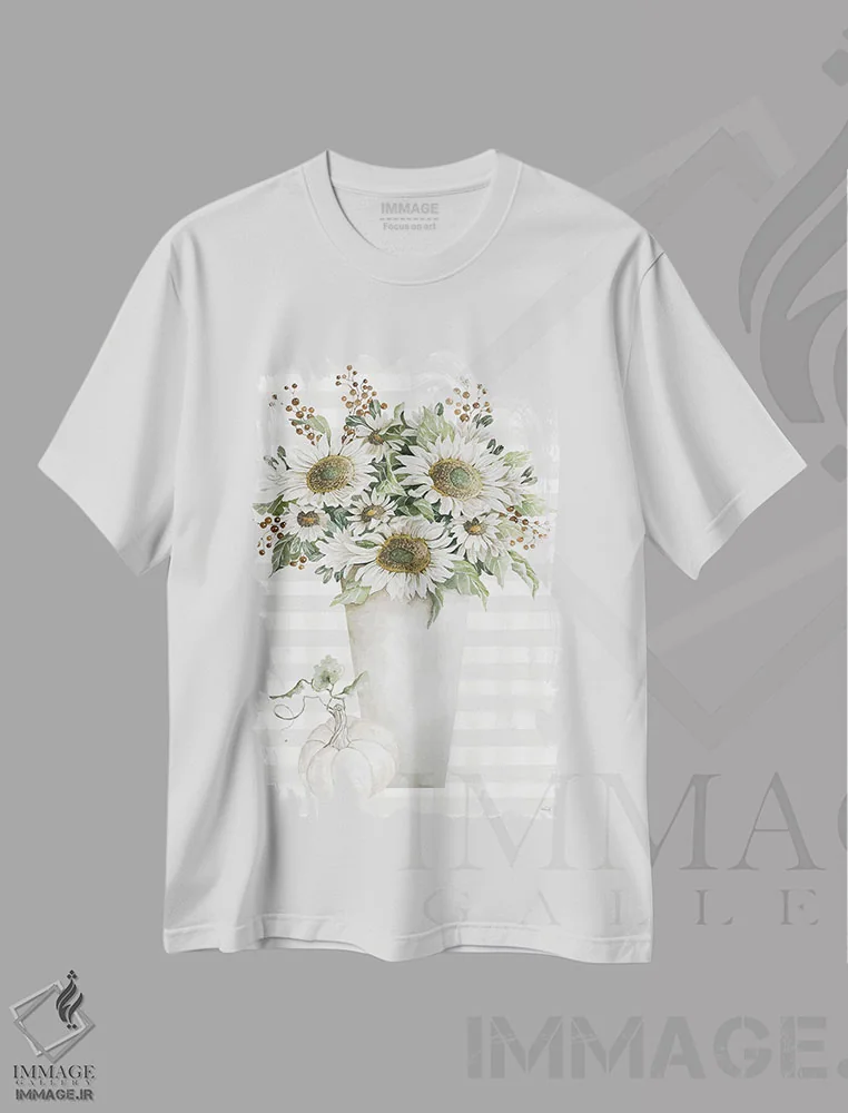 تیشرت سفید طرح دار آفتابگردان های پاییزی شمارهٔ دو، دکور روستایی اثر سیندی جیکوبز | فروشگاه ایماژ