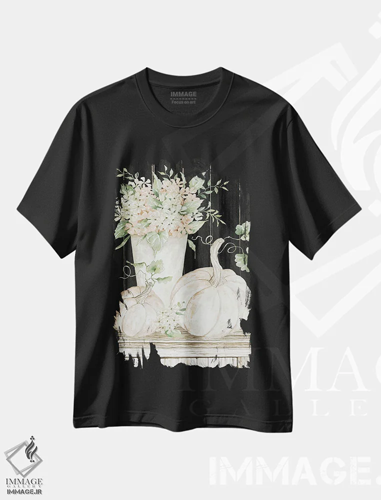 تیشرت مشکی طرح دار طبیعت بی جان پاییزی، دکور روستایی اثر سیندی جیکوبز | فروشگاه ایماژ