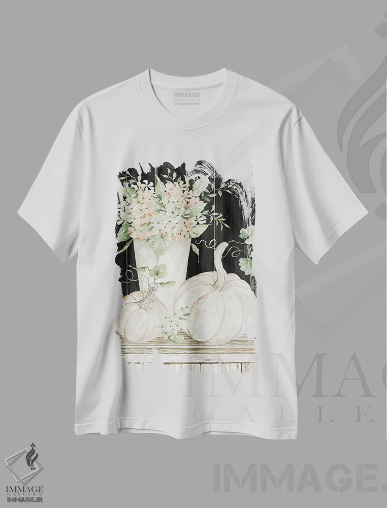 تیشرت سفید طرح دار طبیعت بی جان پاییزی، دکور روستایی اثر سیندی جیکوبز | immage.ir