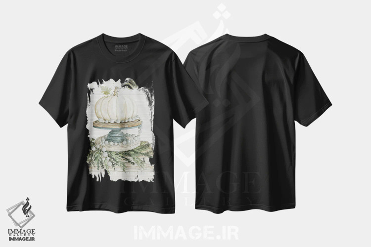 تیشرت مشکی طرح دار کدو سفید روی نمایش، دکور روستایی اثر سیندی جیکوبز | فروشگاه ایماژ