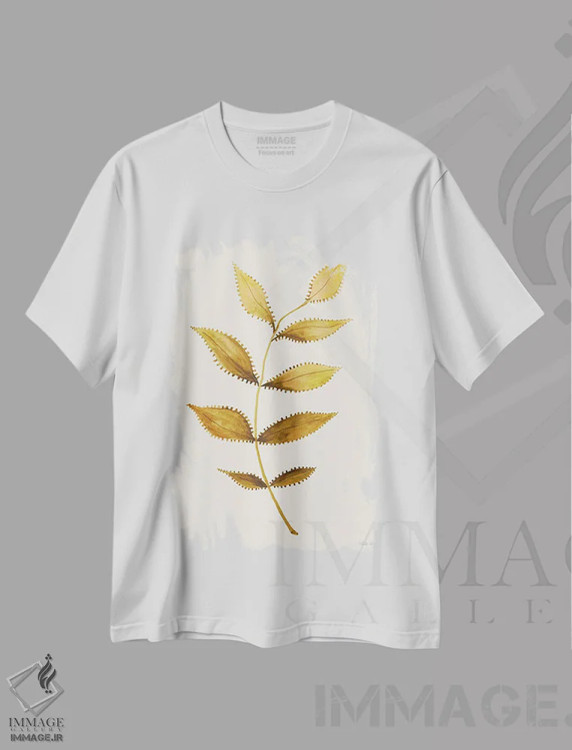 تیشرت سفید طرح دار برگ های طلایی خال دار، دکور کلبه و لژ اثر سیندی جیکوبز | فروشگاه ایماژ