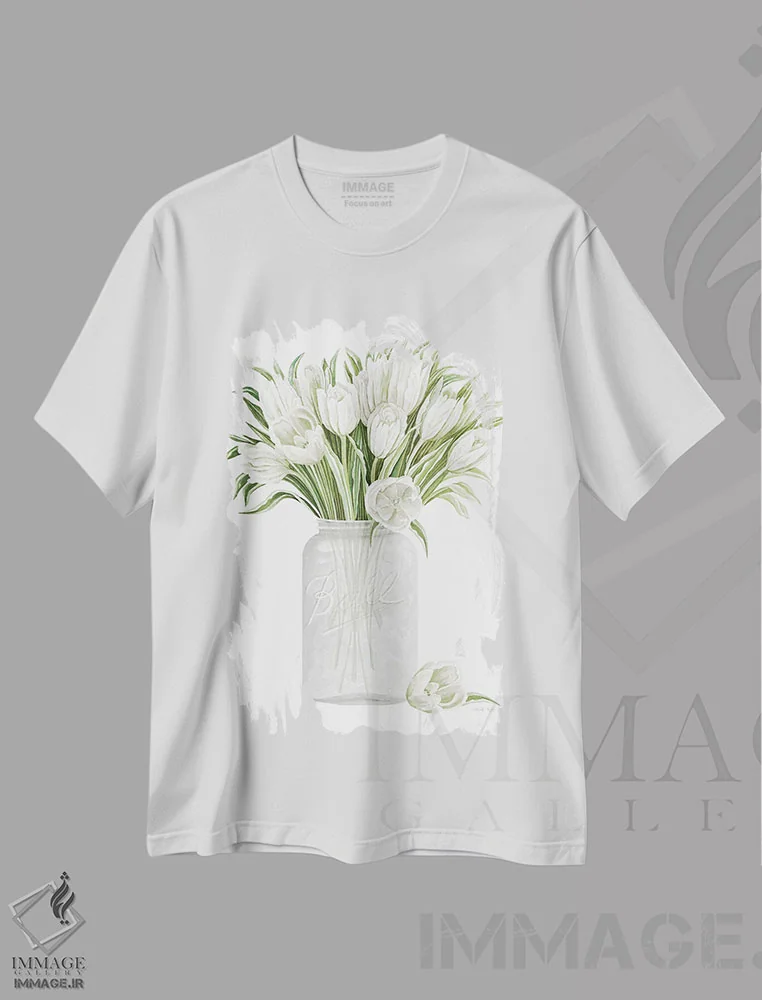 تیشرت سفید طرح دار لاله ها در بهار، دکور معاصر اثر سیندی جیکوبز | فروشگاه ایماژ