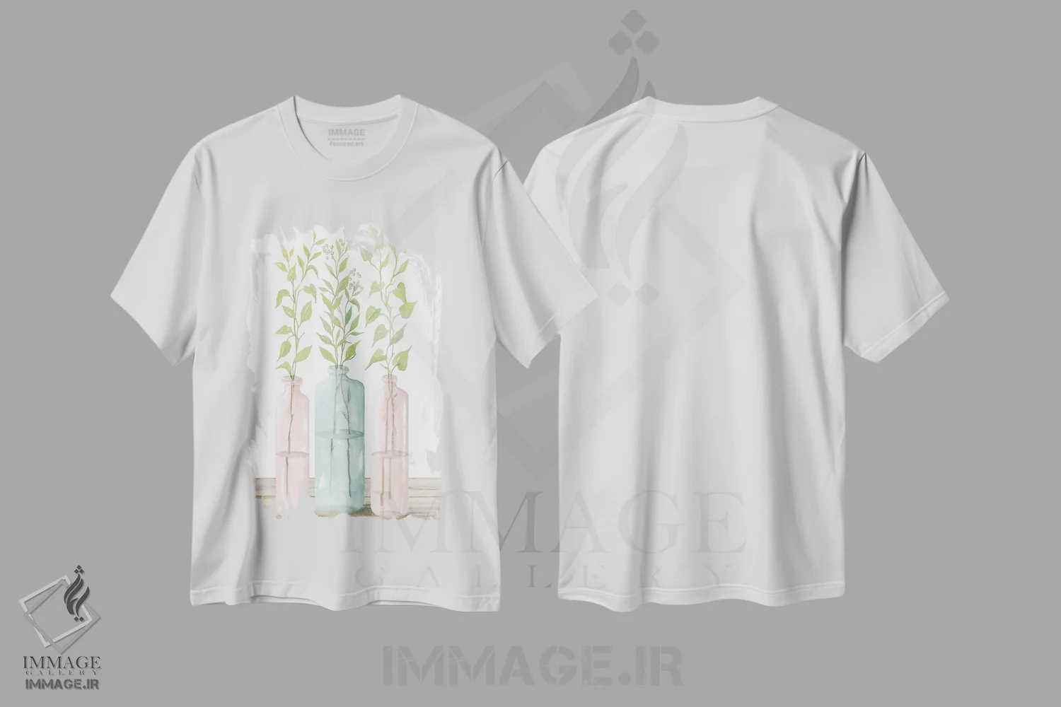 تیشرت سفید طرح دار برگ های پاستلی در شیشه ها، تزئینی اثر سیندی جیکوبز | فروشگاه ایماژ