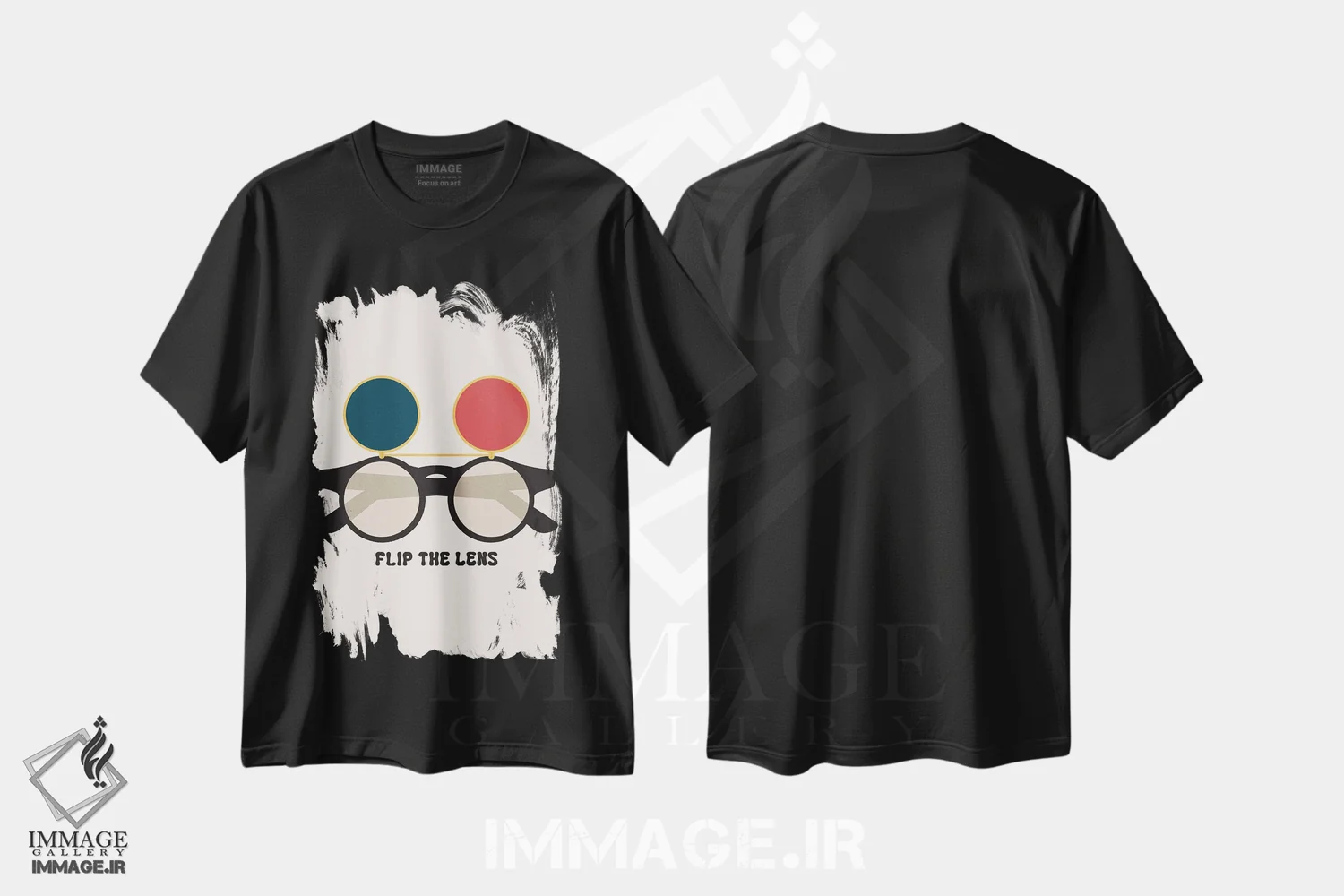 تیشرت مشکی طرح دار برگرداندن لنز، تزئینی اثر کارمن جابیر | فروشگاه ایماژ