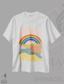 تیشرت سفید طرح دار آسمان رنگین کمانی، آبستره اثر کارمن جابیر | فروشگاه ایماژ