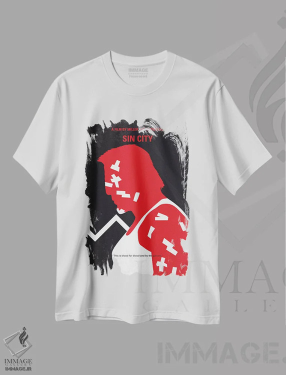 تیشرت سفید طرح دار پوستر مینیمال فیلم شهر گناه، هنر دیجیتال اثر چانکونگ | immage.ir