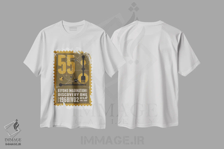 تیشرت سفید طرح دار ناوگان فضایی ۵۵: تمبر دیسکاوری یک، هنر دیجیتال اثر چانکونگ | فروشگاه ایماژ