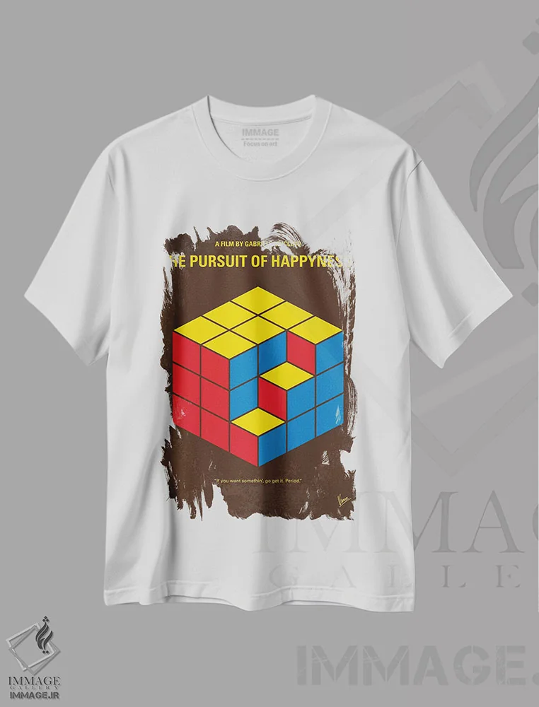 تیشرت سفید طرح دار پوستر مینیمال فیلم در جست وجوی خوشبختی اثر چانکونگ | immage.ir