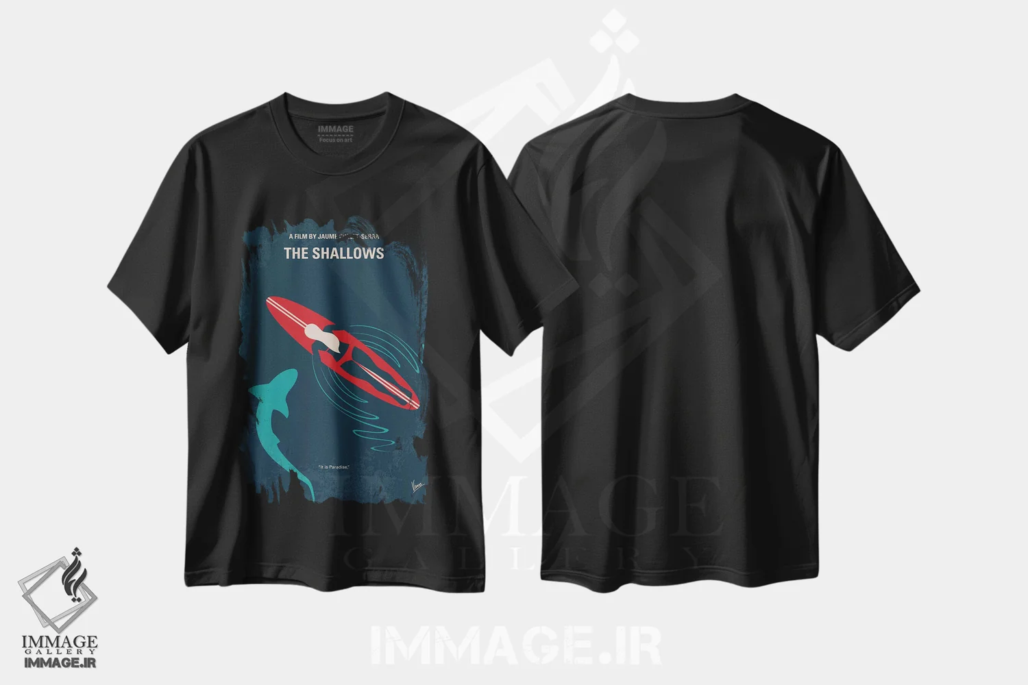 تیشرت مشکی طرح دار پوستر مینیمال فیلم آب های کم عمق، هنر دیجیتال اثر چانکونگ | immage.ir