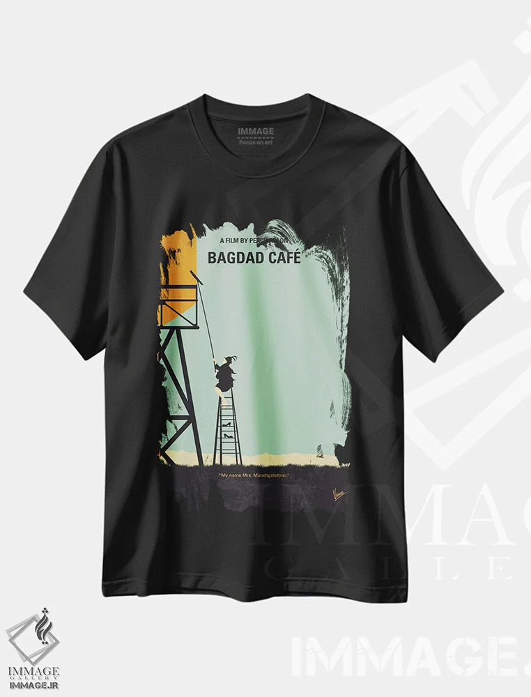 تیشرت مشکی طرح دار پوستر مینیمال فیلم کافه بغداد، پوستر مینیمال فیلم های کمدی اثر چانکونگ | immage.ir