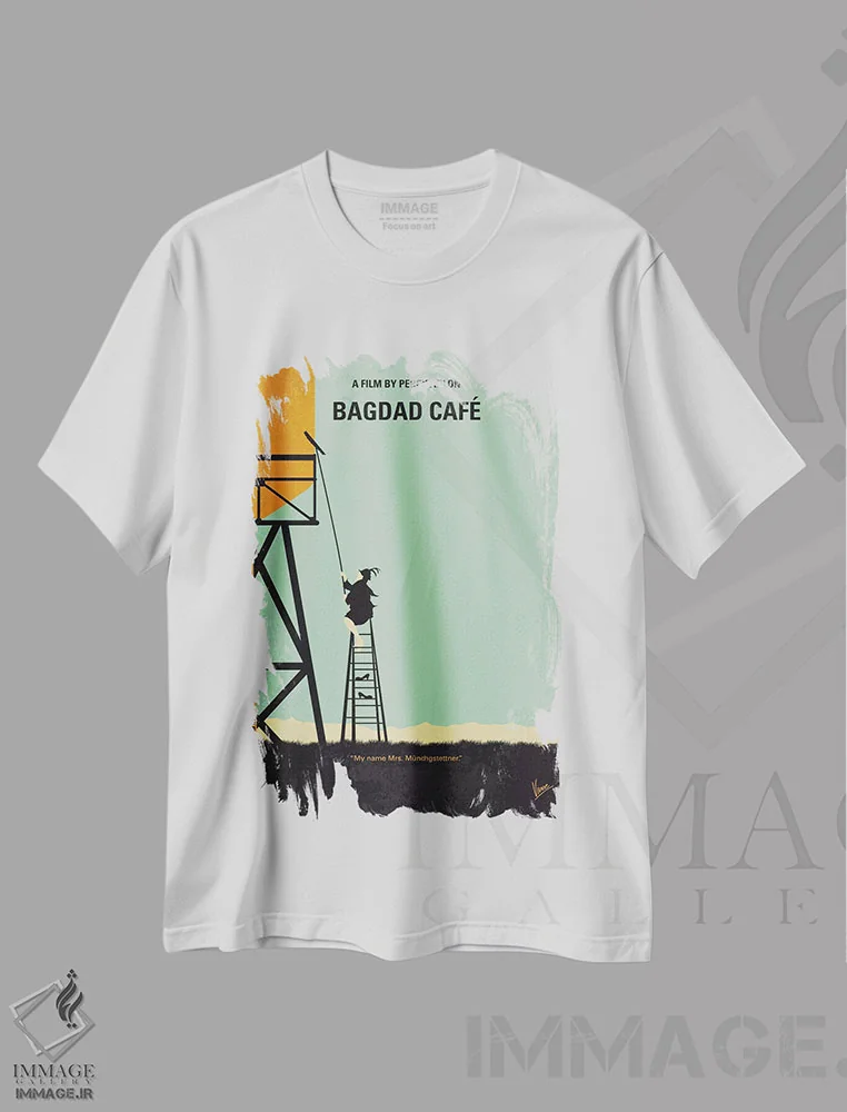تیشرت سفید طرح دار پوستر مینیمال فیلم کافه بغداد، پوستر مینیمال فیلم های کمدی اثر چانکونگ | فروشگاه ایماژ