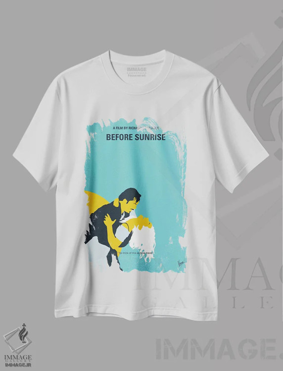 تیشرت سفید طرح دار پوستر مینیمال فیلم پیش از طلوع، هنر دیجیتال اثر چانکونگ | فروشگاه ایماژ