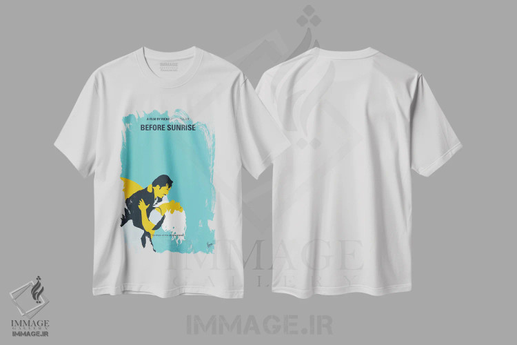 تیشرت سفید طرح دار پوستر مینیمال فیلم پیش از طلوع، هنر دیجیتال اثر چانکونگ | فروشگاه ایماژ