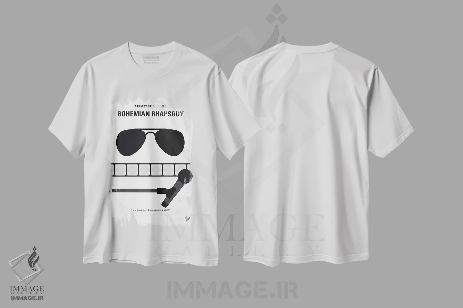 تیشرت سفید طرح دار پوستر مینیمال فیلم راپسودی بوهمی، دکور معاصر اثر چانکونگ | immage.ir