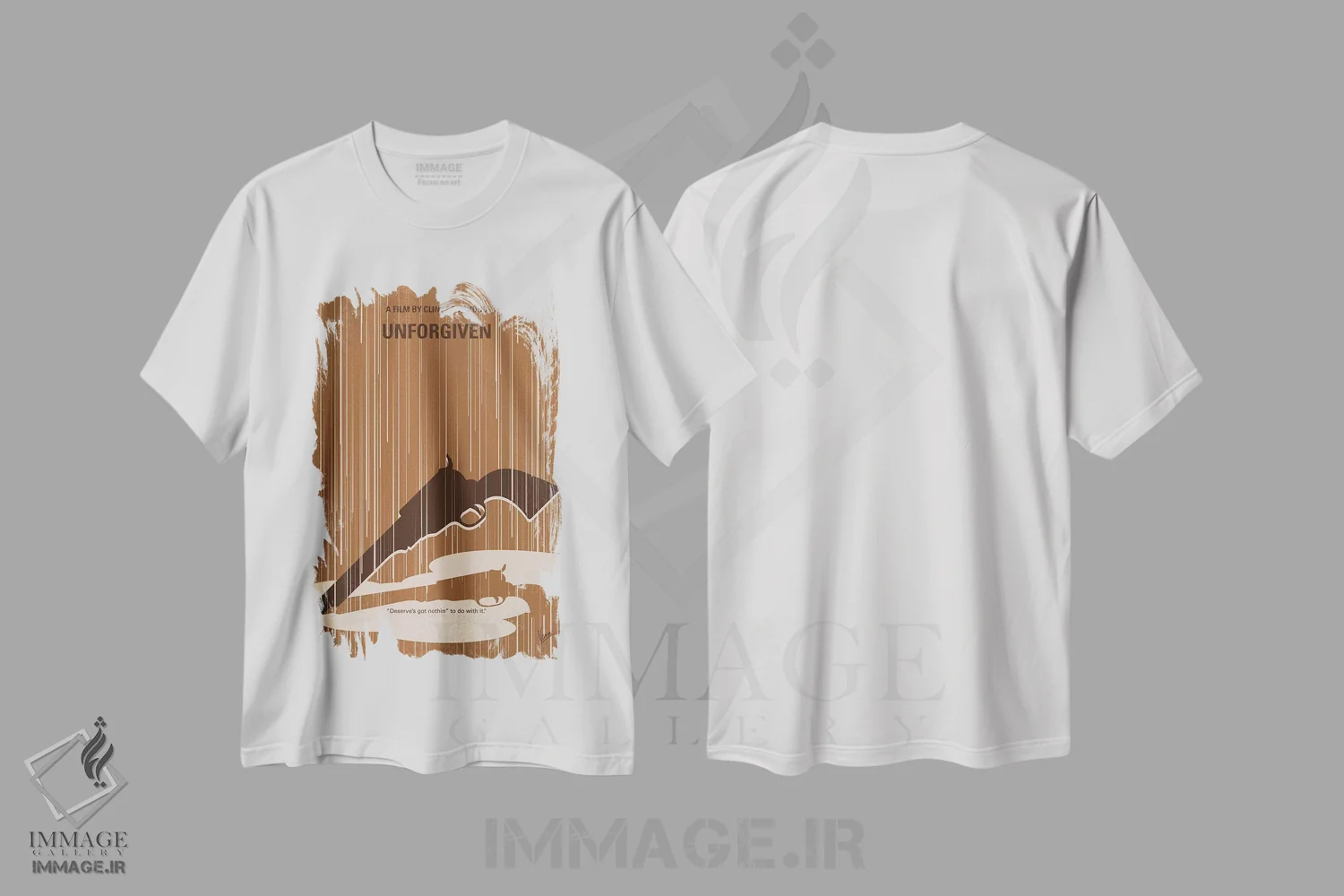 تیشرت سفید طرح دار پوستر مینیمال فیلم نابخشوده، هنر دیجیتال اثر چانکونگ | فروشگاه ایماژ