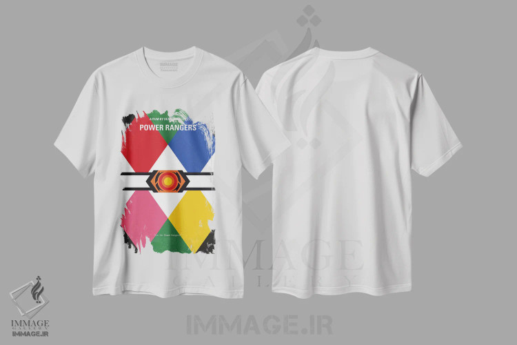 تیشرت سفید طرح دار پوستر مینیمال فیلم پاور رنجرز، هنر دیجیتال اثر چانکونگ | فروشگاه ایماژ