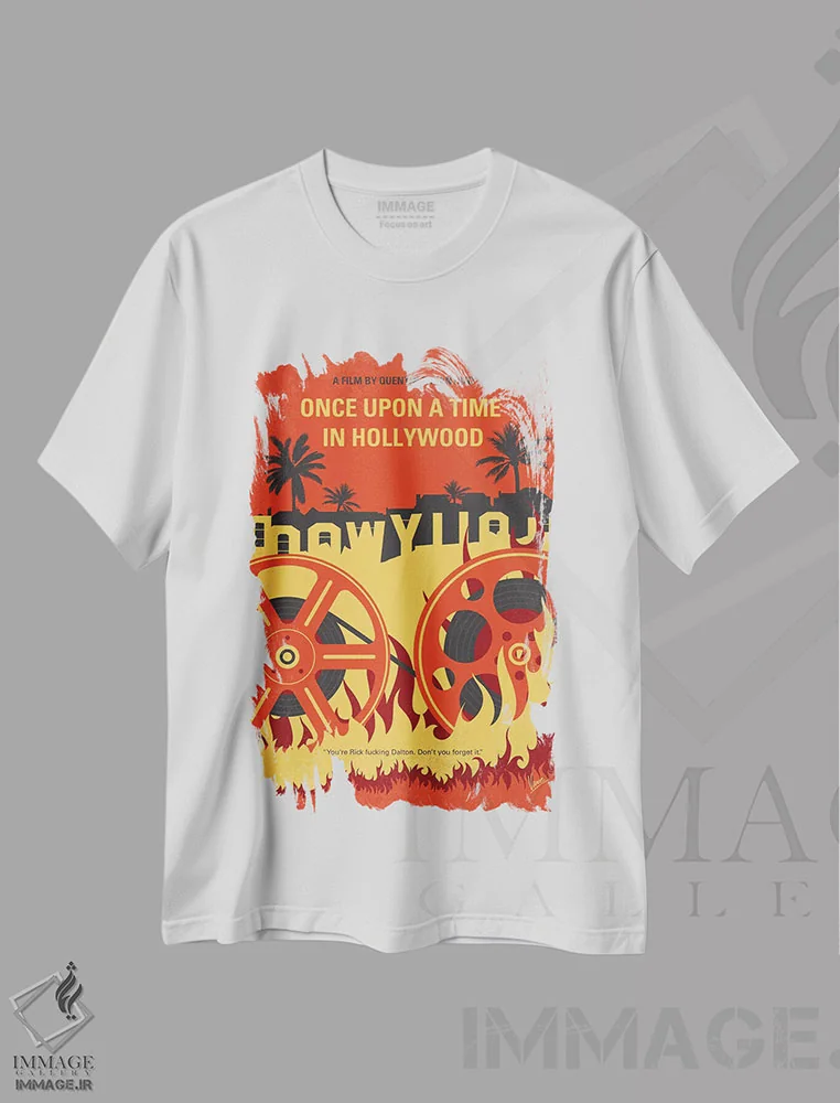 تیشرت سفید طرح دار پوستر مینیمال فیلم روزی روزگاری در هالیوود، هنر دیجیتال اثر چانکونگ | immage.ir