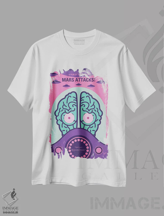 تیشرت سفید طرح دار پوستر مینیمال فیلم حمله مریخ، پوستر مینیمال فیلم های کمدی اثر چانکونگ | فروشگاه ایماژ