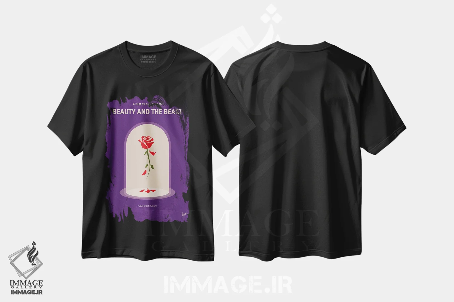 تیشرت مشکی طرح دار پوستر دیو و دلبر، پوستر مینیمالیستی انیمیشن و فیلم کودکانه اثر چانکونگ | immage.ir