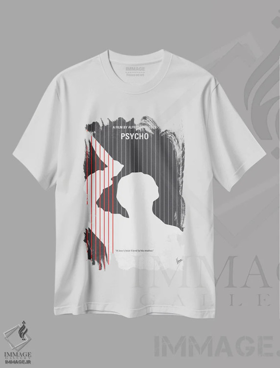 تیشرت سفید طرح دار پوستر مینیمال فیلم روانی، هنر دیجیتال اثر چانکونگ | فروشگاه ایماژ
