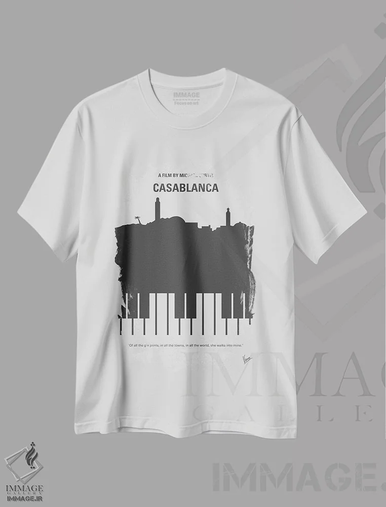 تیشرت سفید طرح دار پوستر مینیمال فیلم کازابلانکا، هنر دیجیتال سیاه و سفید اثر چانکونگ | immage.ir