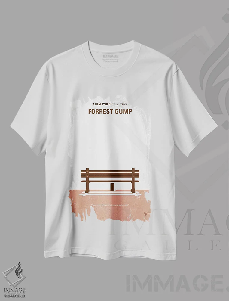 تیشرت سفید طرح دار پوستر مینیمال فیلم فارست گامپ، پوستر مینیمال فیلم های کمدی اثر چانکونگ | فروشگاه ایماژ