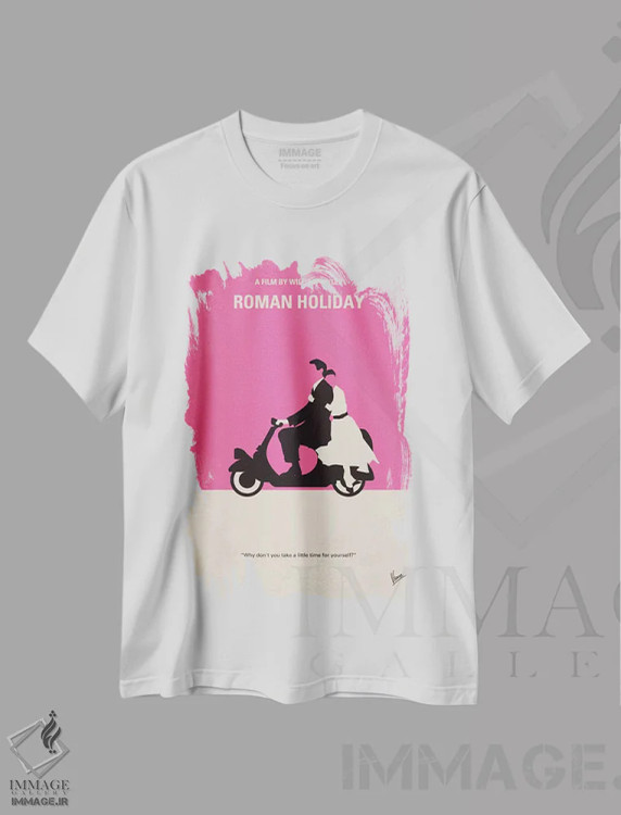 تیشرت سفید طرح دار پوستر مینیمال فیلم تعطیلات رومی، پوستر مینیمال فیلم های کمدی اثر چانکونگ | فروشگاه ایماژ