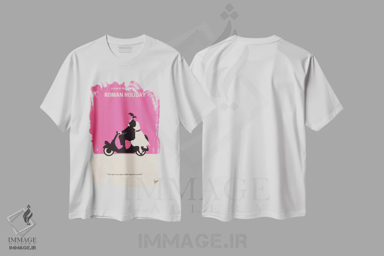 تیشرت سفید طرح دار پوستر مینیمال فیلم تعطیلات رومی، پوستر مینیمال فیلم های کمدی اثر چانکونگ | فروشگاه ایماژ