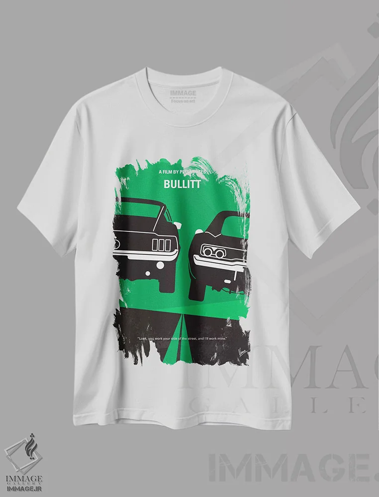تیشرت سفید طرح دار پوستر مینیمال فیلم بولیت، هنر دیجیتال اثر چانکونگ | فروشگاه ایماژ