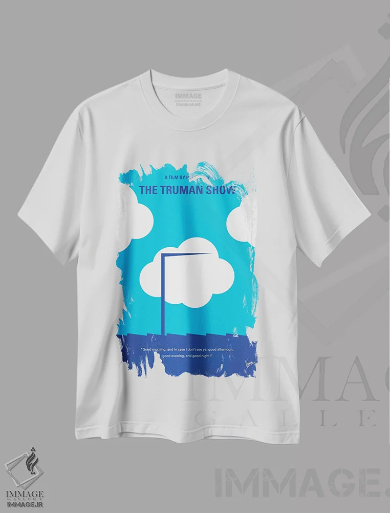 تیشرت سفید طرح دار پوستر مینیمال نمایش ترومن، پوستر مینیمال فیلم های کمدی اثر چانکونگ | immage.ir
